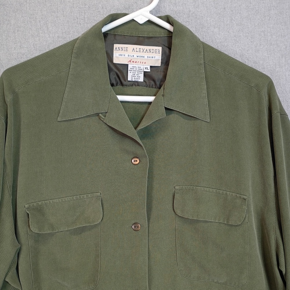 Annie Alexander Women XL Silk Work Shirt Olive Green Minimalist Lagenlook Blouse